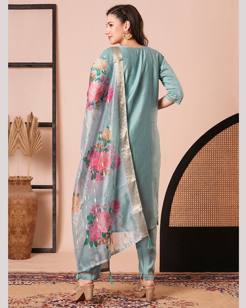 Sky Blue Viscose Chanderi Silk Embroidered Women Readymade Pant Suit With Printed Dupatta