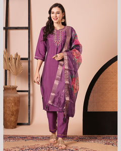 Purple Viscose Chanderi Silk Embroidered Women Readymade Pant Suit With Printed Dupatta