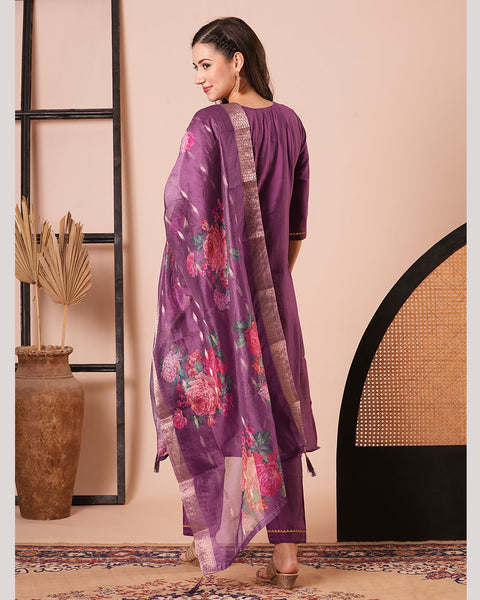 Purple Viscose Chanderi Silk Embroidered Women Readymade Pant Suit With Printed Dupatta