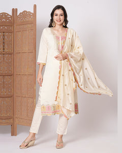 Cream Viscose Chanderi Silk Embroidered Women Readymade Pant Suit With Organza Dupatta