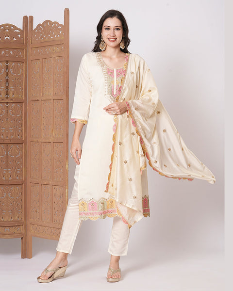 Cream Viscose Chanderi Silk Embroidered Women Readymade Pant Suit With Organza Dupatta