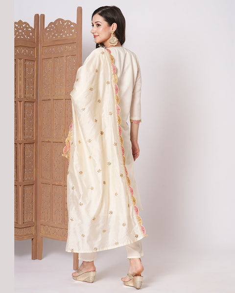 Cream Viscose Chanderi Silk Embroidered Women Readymade Pant Suit With Organza Dupatta