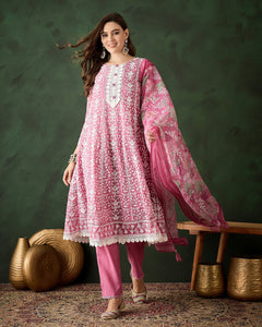 Pink Women Readymade Organza Schiffli Work Churidar Suit With Digital Print Dupatta