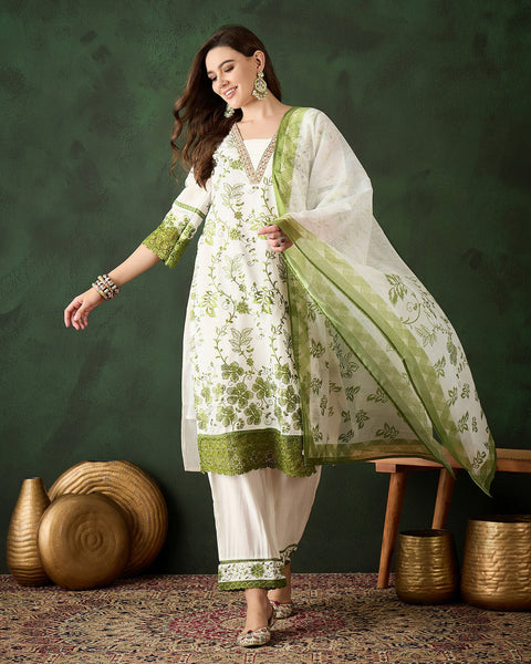 White & Green Women Readymade Roman Silk Thread Work Palazzo Suit With Digital Print Dupatta