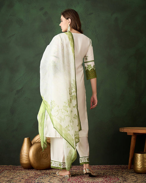 White & Green Women Readymade Roman Silk Thread Work Palazzo Suit With Digital Print Dupatta