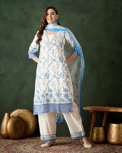 White & Blue Women Readymade Roman Silk Thread Work Palazzo Suit With Digital Print Dupatta