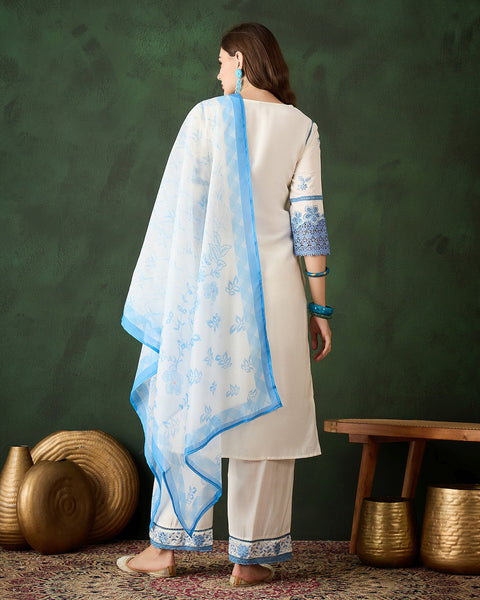 White & Blue Women Readymade Roman Silk Thread Work Palazzo Suit With Digital Print Dupatta