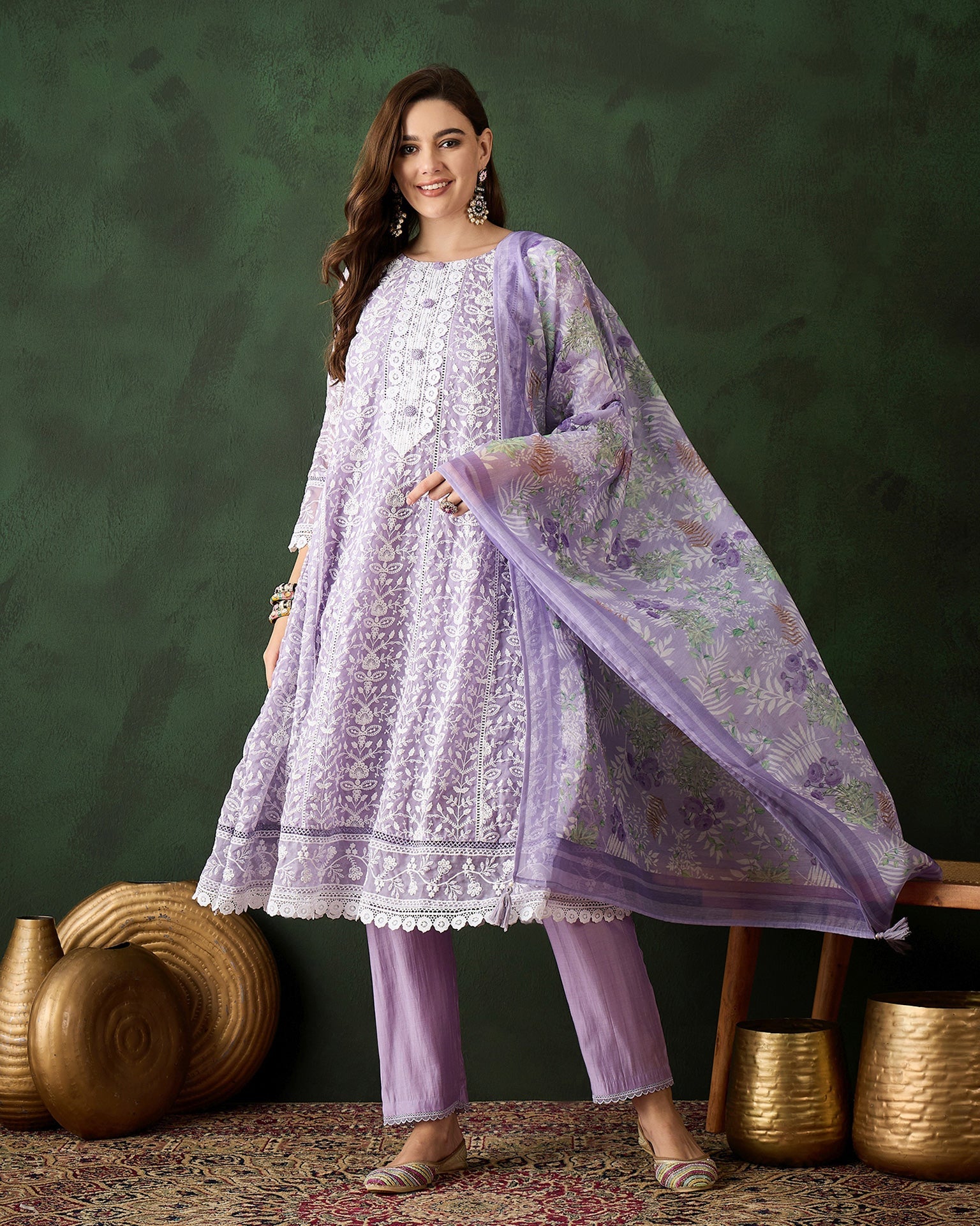 Lavender Women Readymade Organza Schiffli Work Churidar Suit With Digital Print Dupatta