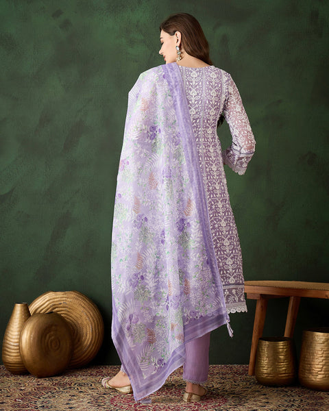 Lavender Women Readymade Organza Schiffli Work Churidar Suit With Digital Print Dupatta