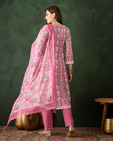 Pink Women Readymade Organza Schiffli Work Churidar Suit With Digital Print Dupatta