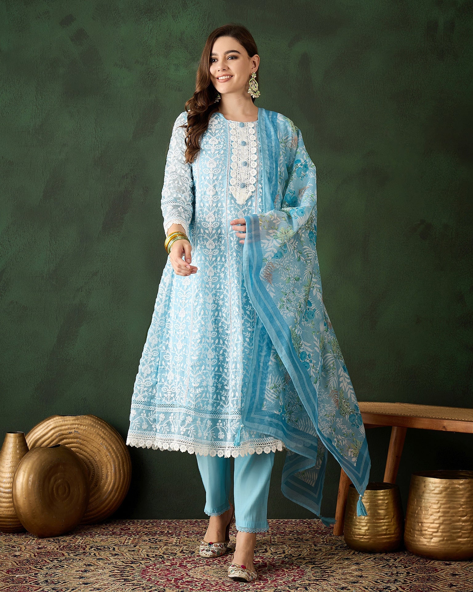 Blue Women Readymade Organza Schiffli Work Churidar Suit With Digital Print Dupatta