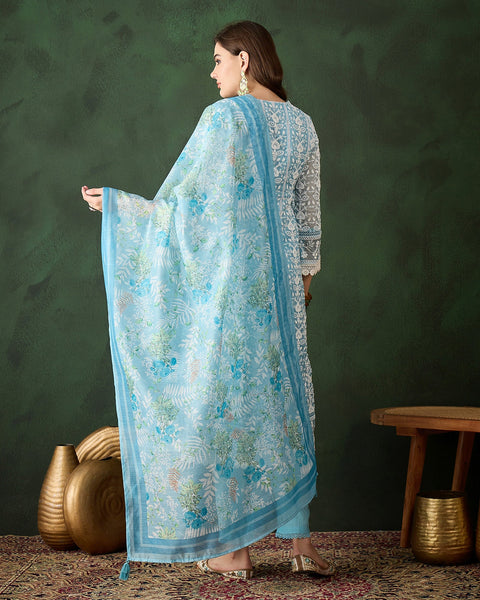 Blue Women Readymade Organza Schiffli Work Churidar Suit With Digital Print Dupatta