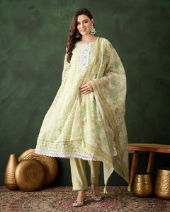 Green Women Readymade Organza Schiffli Work Churidar Suit With Digital Print Dupatta