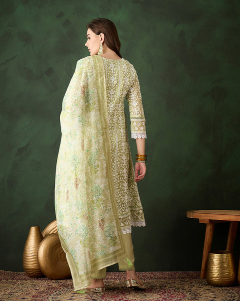 Green Women Readymade Organza Schiffli Work Churidar Suit With Digital Print Dupatta