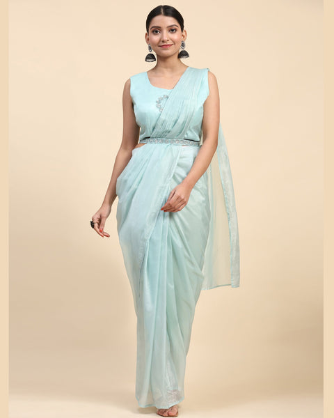 Blue Satin Readymade Saree With Stitched Blouse & Embroidered Shrug