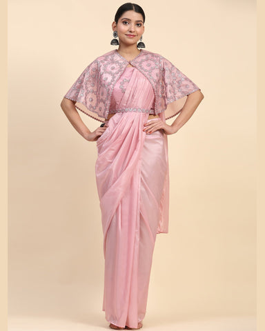 Pink Satin Readymade Saree With Stitched Blouse & Embroidered Shrug