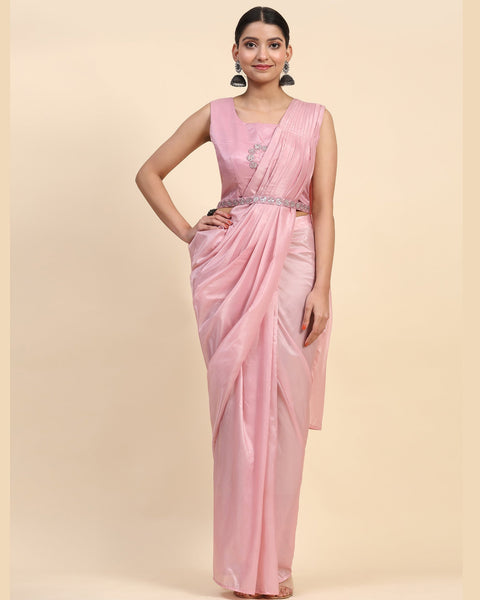 Pink Satin Readymade Saree With Stitched Blouse & Embroidered Shrug