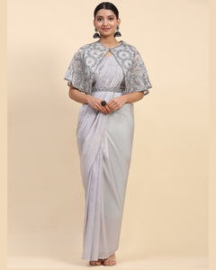 Grey Satin Readymade Saree With Stitched Blouse & Embroidered Shrug