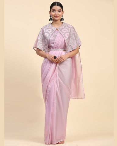 Lavender Satin Readymade Saree With Stitched Blouse & Embroidered Shrug