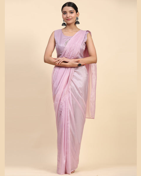 Lavender Satin Readymade Saree With Stitched Blouse & Embroidered Shrug