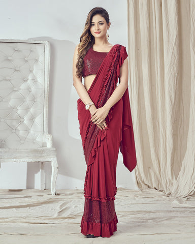 Red Lycra Embroidered Readymade Saree With Stitched Blouse