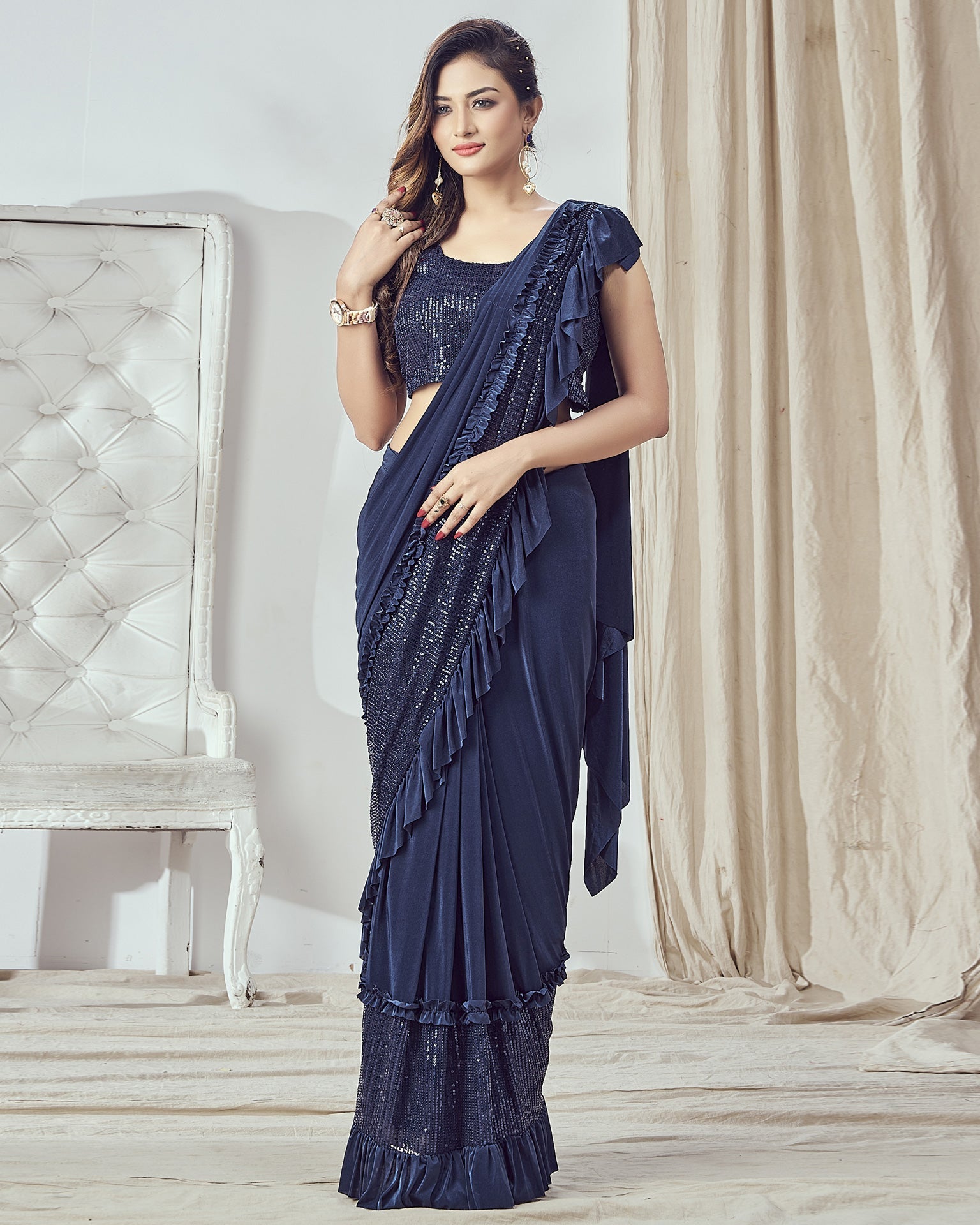 Navy Blue Lycra Embroidered Readymade Saree With Stitched Blouse