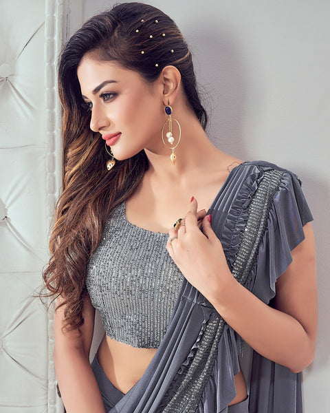Grey Lycra Embroidered Readymade Saree With Stitched Blouse