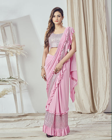 Pink Lycra Embroidered Readymade Saree With Stitched Blouse