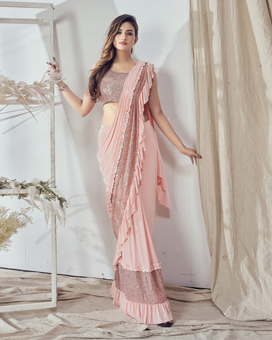 Peach Lycra Embroidered Readymade Saree With Stitched Blouse