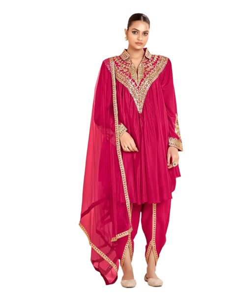 Pink Mirror Work Chinnon Silk Women Readymade Kurta With Dhoti Salwar & Chinnon Dupatta