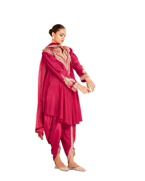 Pink Mirror Work Chinnon Silk Women Readymade Kurta With Dhoti Salwar & Chinnon Dupatta