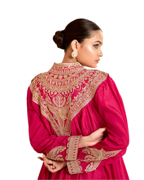 Pink Mirror Work Chinnon Silk Women Readymade Kurta With Dhoti Salwar & Chinnon Dupatta