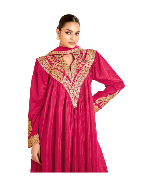 Pink Mirror Work Chinnon Silk Women Readymade Kurta With Dhoti Salwar & Chinnon Dupatta