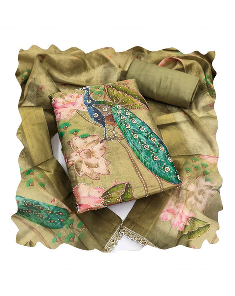 Green Cotton Silk Plus Size Unstitched Women Salwar Kameez