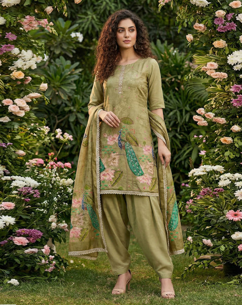 Green Cotton Silk Plus Size Unstitched Women Salwar Kameez