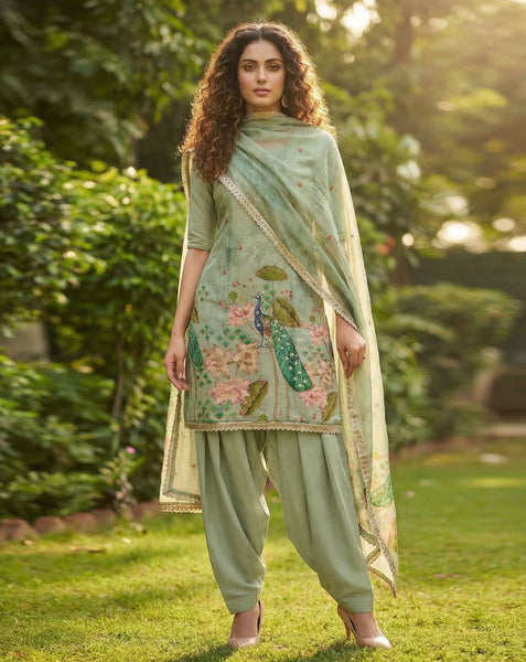 Blue Cotton Silk Plus Size Unstitched Women Salwar Kameez