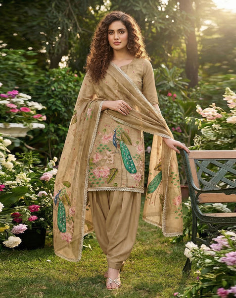 Beige Cotton Silk Plus Size Unstitched Women Salwar Kameez