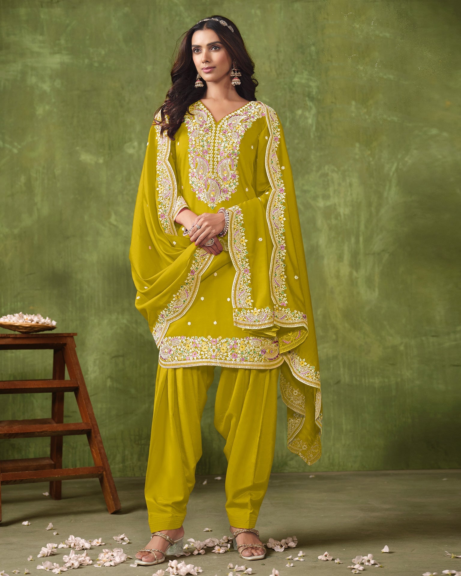 Yellowish Green Roman Silk Salwar Kameez With Embroidered Dupatta