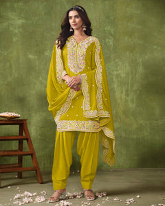 Yellowish Green Roman Silk Salwar Kameez With Embroidered Dupatta