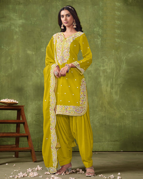 Yellowish Green Roman Silk Salwar Kameez With Embroidered Dupatta