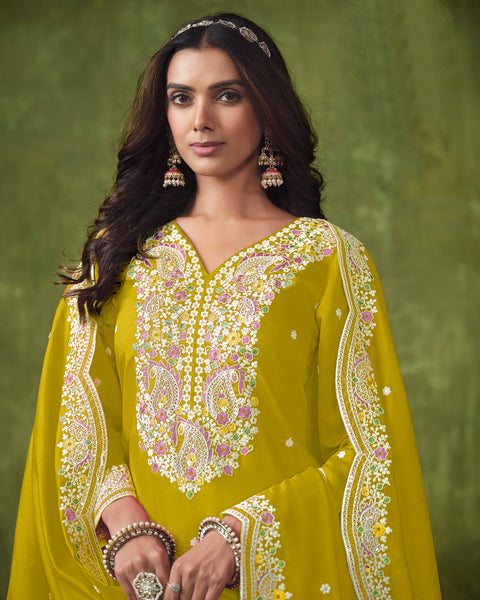 Yellowish Green Roman Silk Salwar Kameez With Embroidered Dupatta