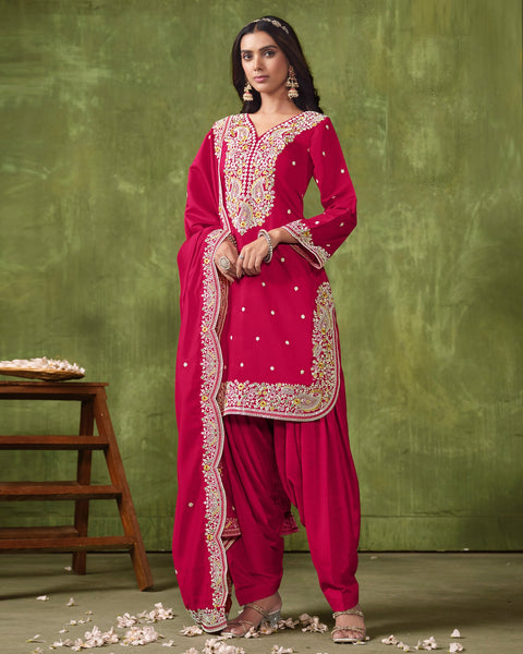 Pink Roman Silk Salwar Kameez With Embroidered Dupatta