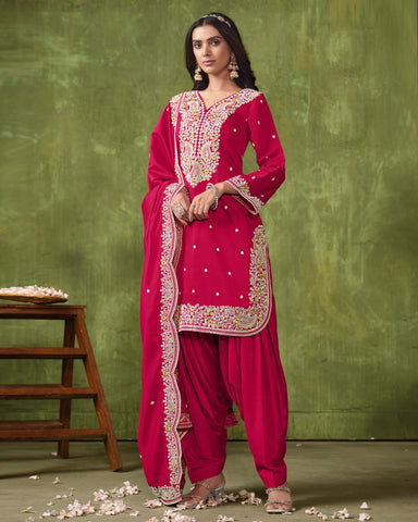 Pink Roman Silk Salwar Kameez With Embroidered Dupatta