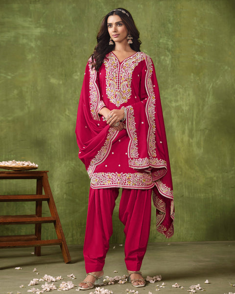 Pink Roman Silk Salwar Kameez With Embroidered Dupatta