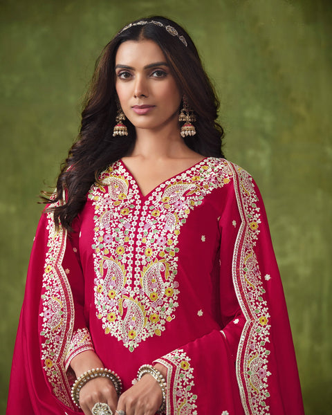 Pink Roman Silk Salwar Kameez With Embroidered Dupatta