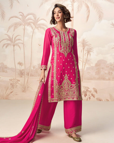 Pink Chinnon Silk Readymade Sequins & Zari Work Woman Palazzo Suit With Embroidered Dupatta