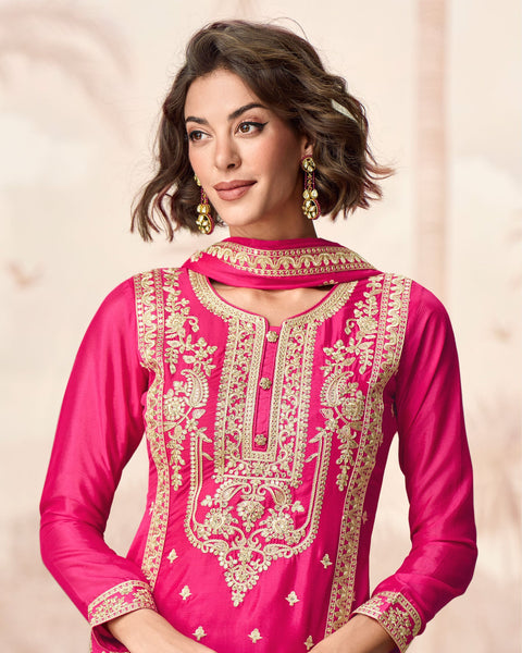 Pink Chinnon Silk Readymade Sequins & Zari Work Woman Palazzo Suit With Embroidered Dupatta