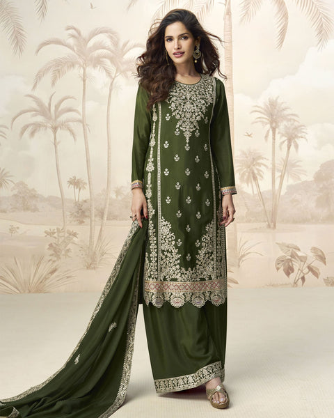 Green Chinnon Silk Readymade Sequins & Zari Work Woman Palazzo Suit With Embroidered Dupatta