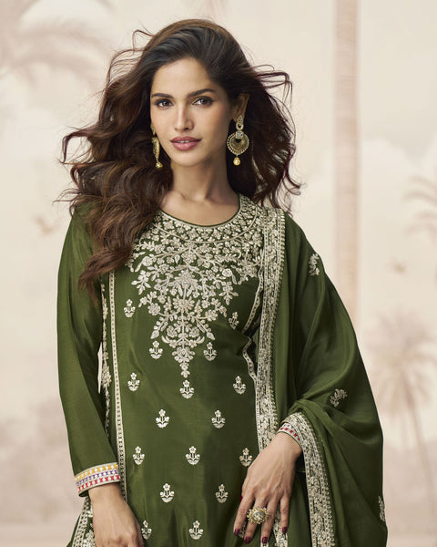 Green Chinnon Silk Readymade Sequins & Zari Work Woman Palazzo Suit With Embroidered Dupatta