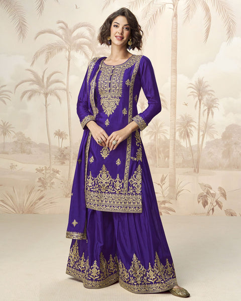 Blue Chinnon Silk Readymade Sequins & Zari Work Woman Palazzo Suit With Embroidered Dupatta